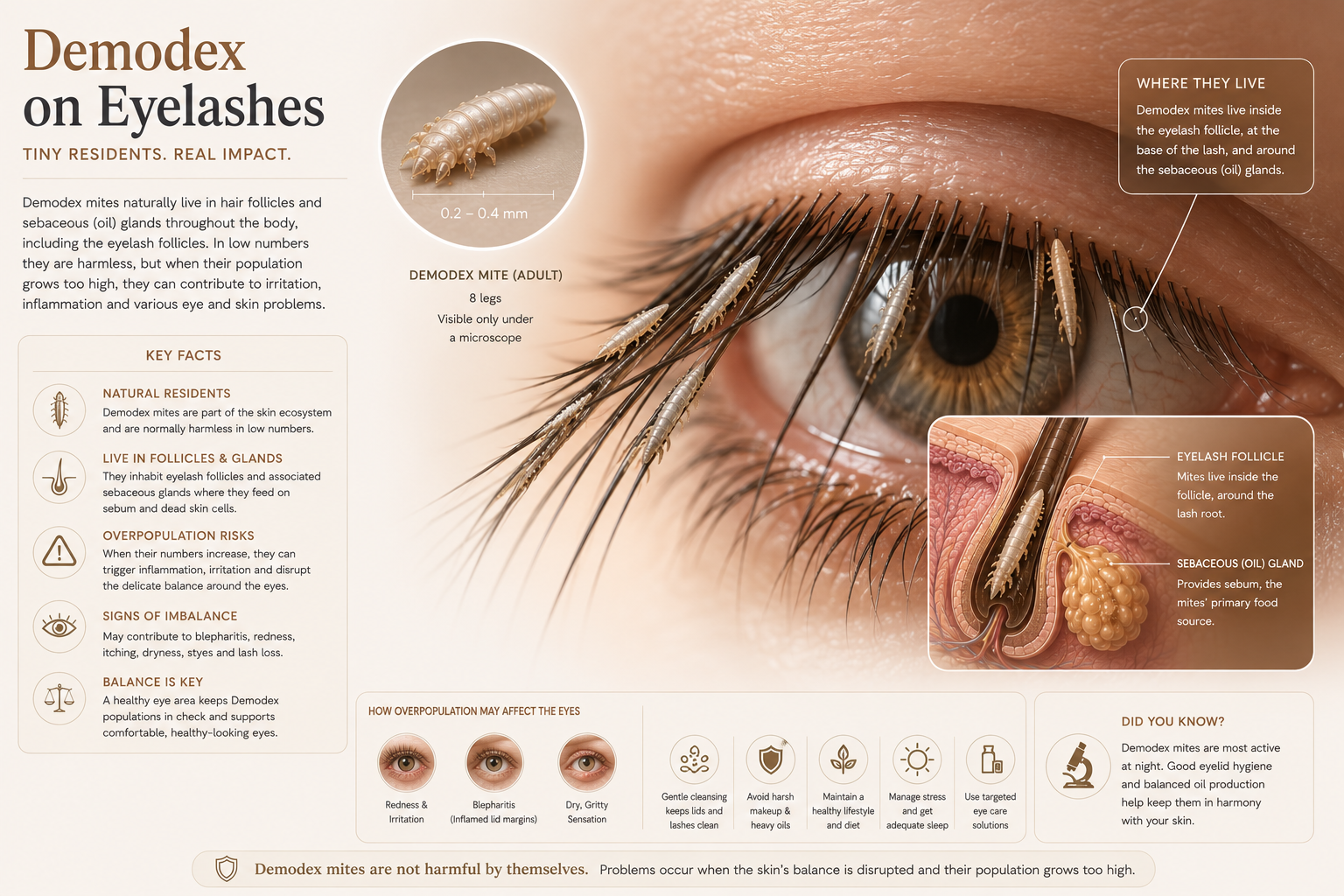 Illustration of Demodex mites at eyelash root follicle